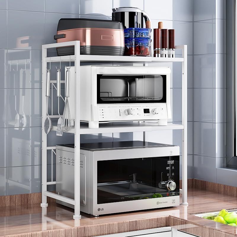 LNYCJP レンジ上ラック 伸縮式 トースターラック レンジ置き台 レンジ台 3段式 棚板高さ調整 耐熱 耐水 組立簡単 省スペース耐荷重50kg 38-64cm ホワイト 0