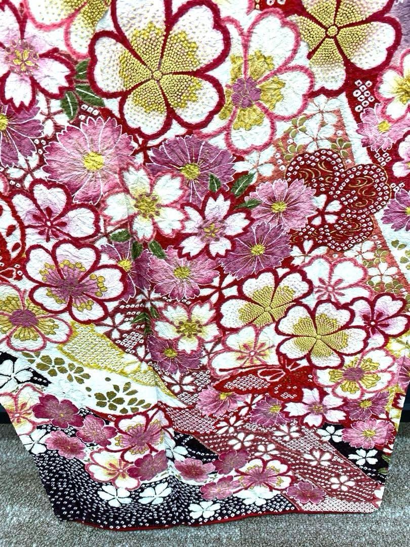 振袖 金駒 金彩 相良刺繍 絞り 銀通し 蝶 桜 身丈159cm 撥水加工済 