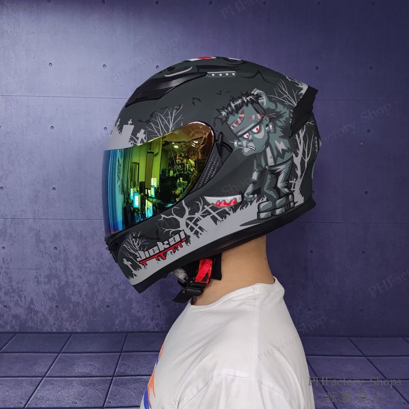 バイクヘルメット フルフェイス システムヘルメット フルフェイスヘルメット DOT承認 ABS 耐衝撃 安全性 通気性 ダブルシールド おしゃれ 男女兼用 ゾンビ柄 グレー A236