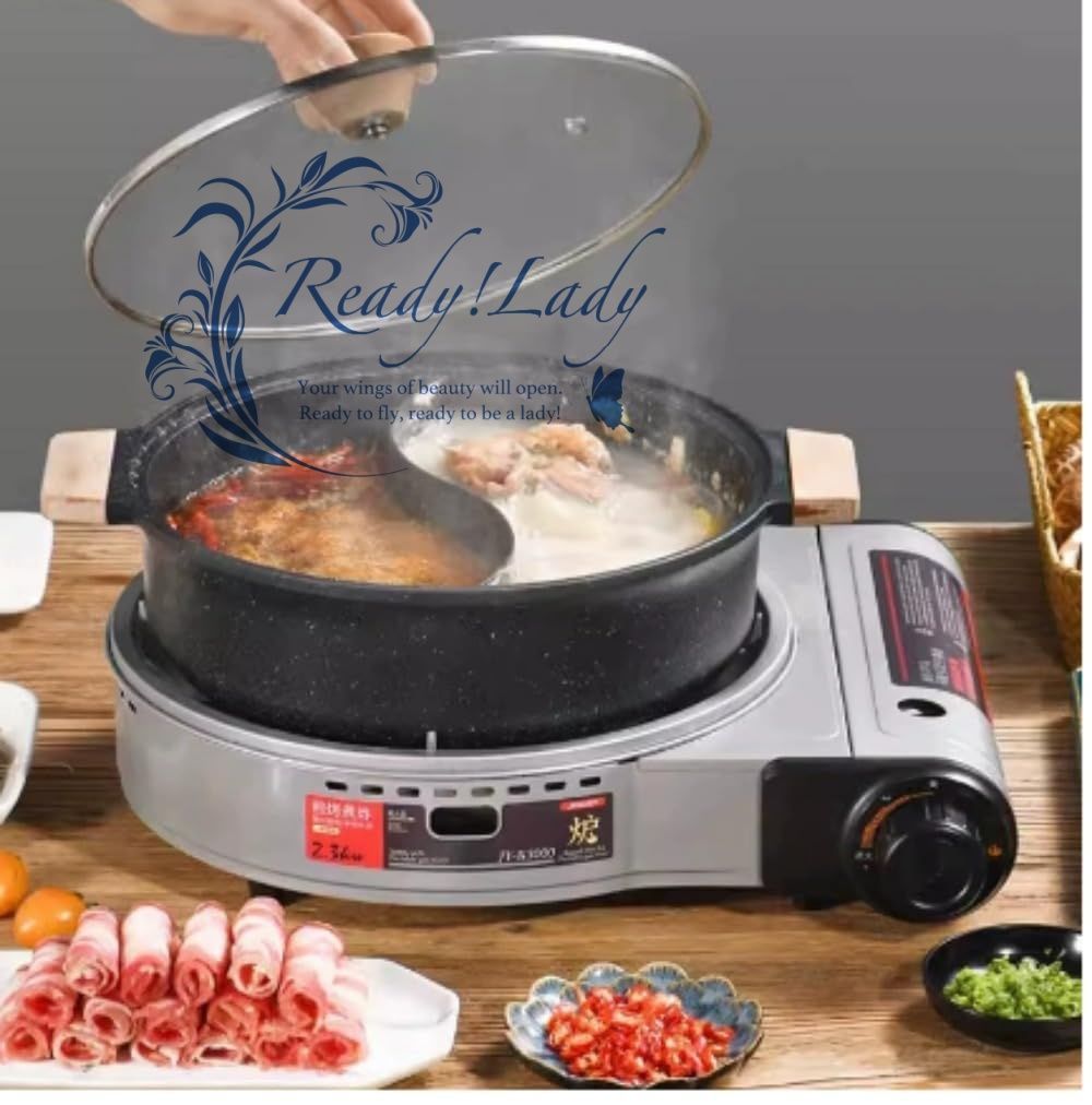 カセットコンロ アウトドア用多機能鍋 グリル鍋2 in 1 ポータブル ガスカード磁気調理器強力な火力 急速加熱ヒーター 屋内と屋外 コマーシャル 家庭用 キャンプ カセットコンロ 元陽火鍋