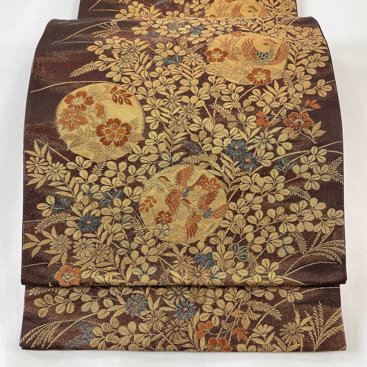 袋帯 美品 秀品 萩 鳥 金糸 箔 焦茶色 六通 正絹 【中古