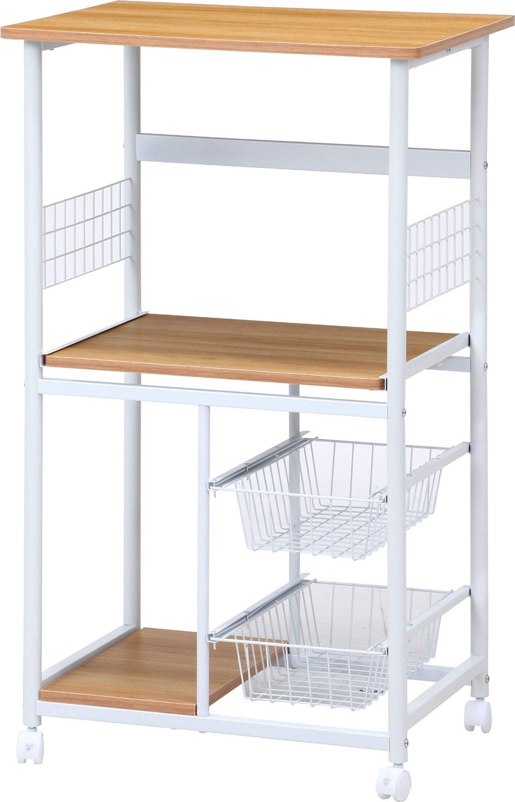 【新着商品】キャスター付き キッチンラック レンジ台 キッチンワゴン 一人暮らし スライド棚 引き出し収納 バスケット付き 不二貿易 幅60×奥行46×高さ103.5cm ホワイト ナチュラル 15422