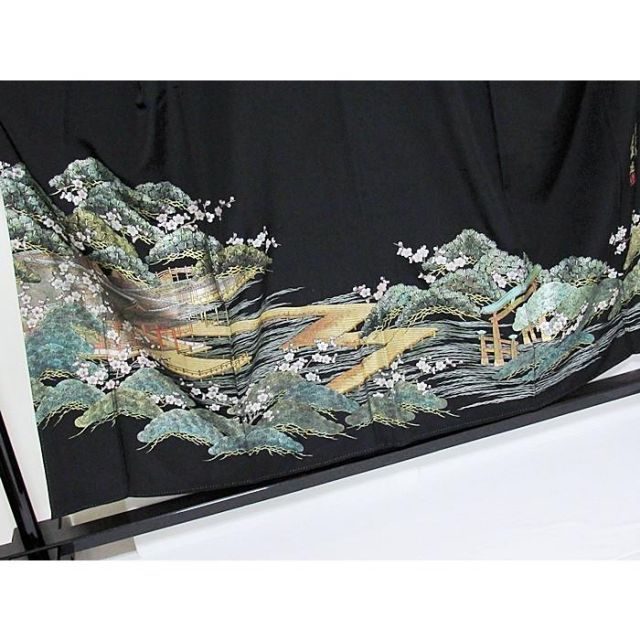 黒留袖 正絹比翼 落款 伝統金彩工芸師 唐渡建作 安芸宮島 153cm前後 