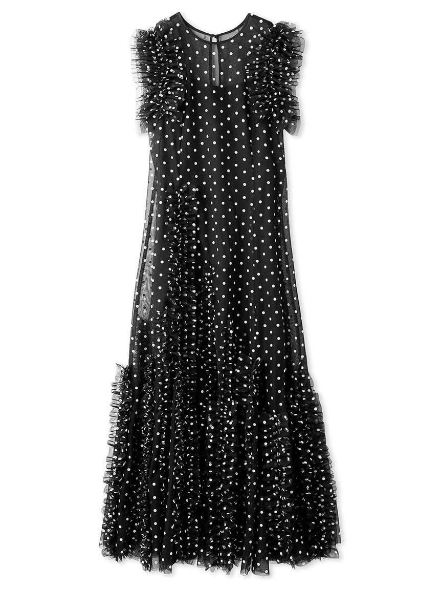 SNIDEL / 24SS/ランダムフリルチュールドレス//1/ポリエステル/BLK/ドット/swfo242158 0_ブラック [スナイデル] ランダムフリルチュールドレス SWFO242158