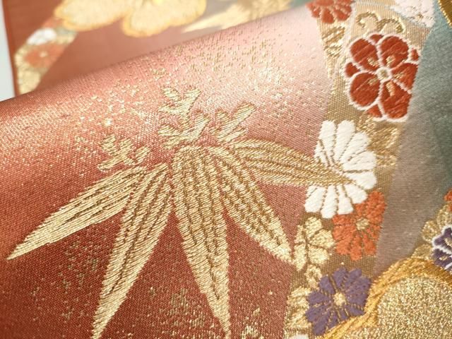 E 古典模様 金糸 笹蔓 唐草 唐花 鯉 宝尽し 六通 正絹 袋帯（花