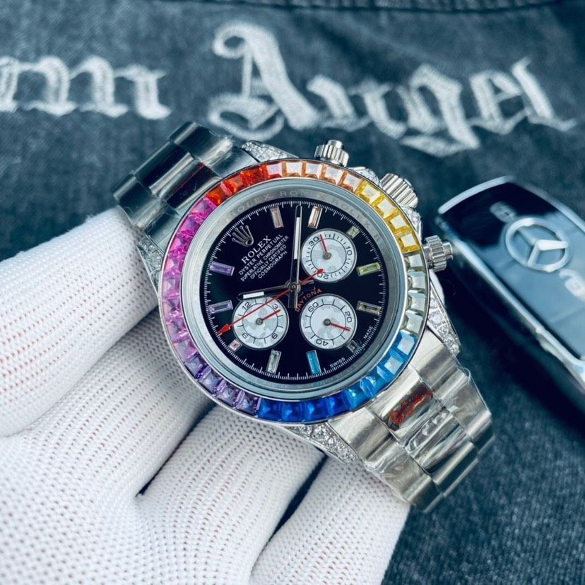 レインボーダイヤ ロレックス デイトナ 40mm｜虹彩ベゼル×3眼6針｜イタリアンゴムベルト|強化ガラス｜ ｜