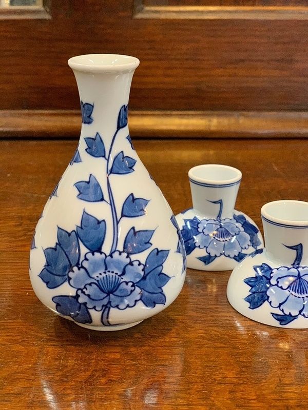 有田焼 源右衛門 染付 牡丹絵 酒器セット 徳利/1個 盃/5個 酒器