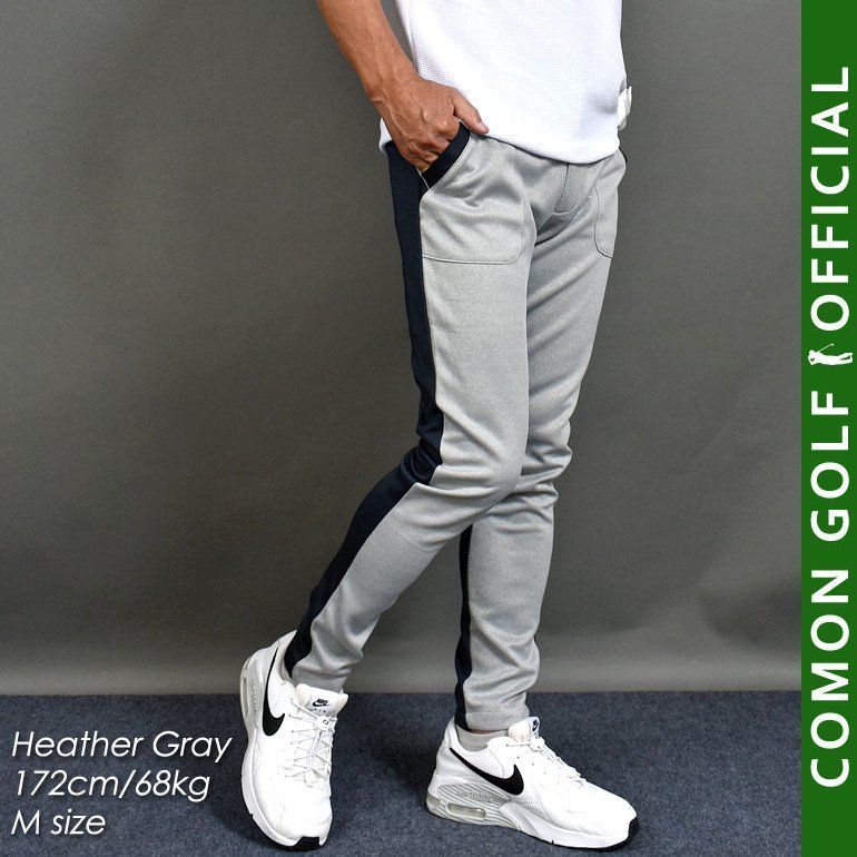 COMONGOLF|コモンゴルフ 前後切替ストレッチポンチテーパードゴルフパンツ|杢グレー CG-22038 ゴルフウェア メンズ 春秋 ロングパンツ ズボン スリム ウエストゴム テーパード スウェット スラックス ライン 大きいサイズまで展開