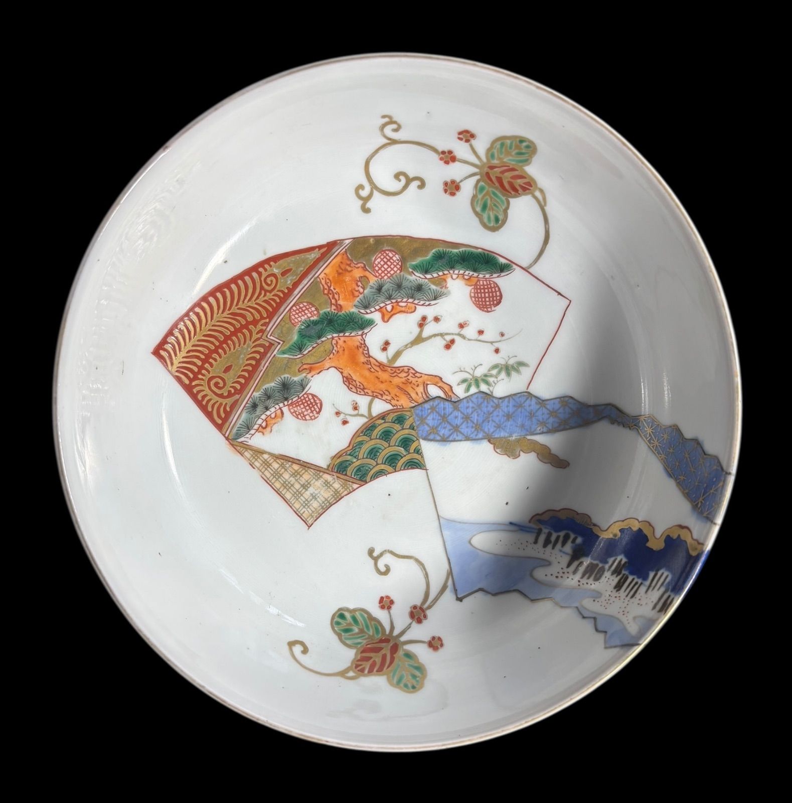 古伊万里 大鉢 [松竹梅草花風景扇文図] 色絵 鉢 丸皿 取り皿