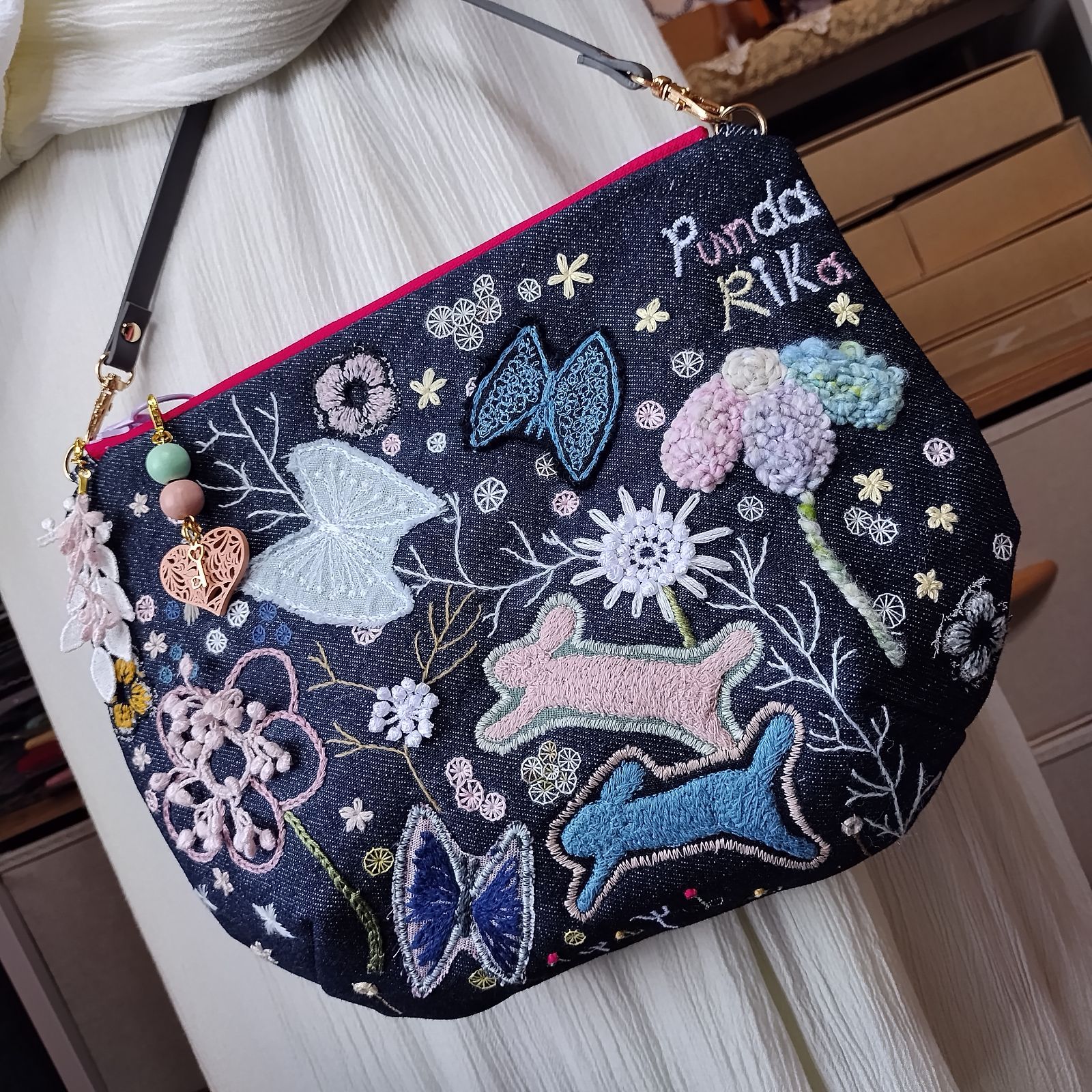 ハンドメイド　トートバッグ　ミナペルホネン　アネモネ　リバティ　刺繍花柄　297 anemone muffin bag - minä perhonen