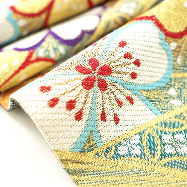 中古】すごい値！ 袋帯 振袖用 京都 西陣 金糸 金銀箔糸 橙 青緑 桜 六