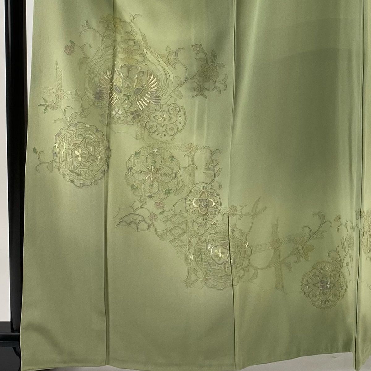 訪問着 身丈164cm 裄丈67cm M 袷 向かい鳥 華文 汕頭刺繍 ぼかし 抹茶 