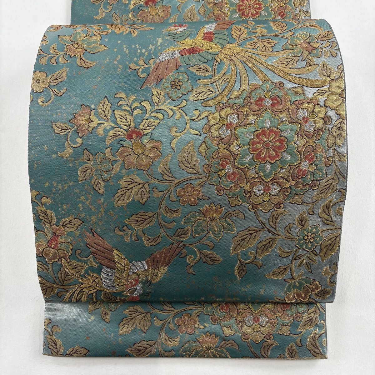 袋帯 美品 秀品 尾長鳥 華文 箔 青灰色 六通 正絹 【中古