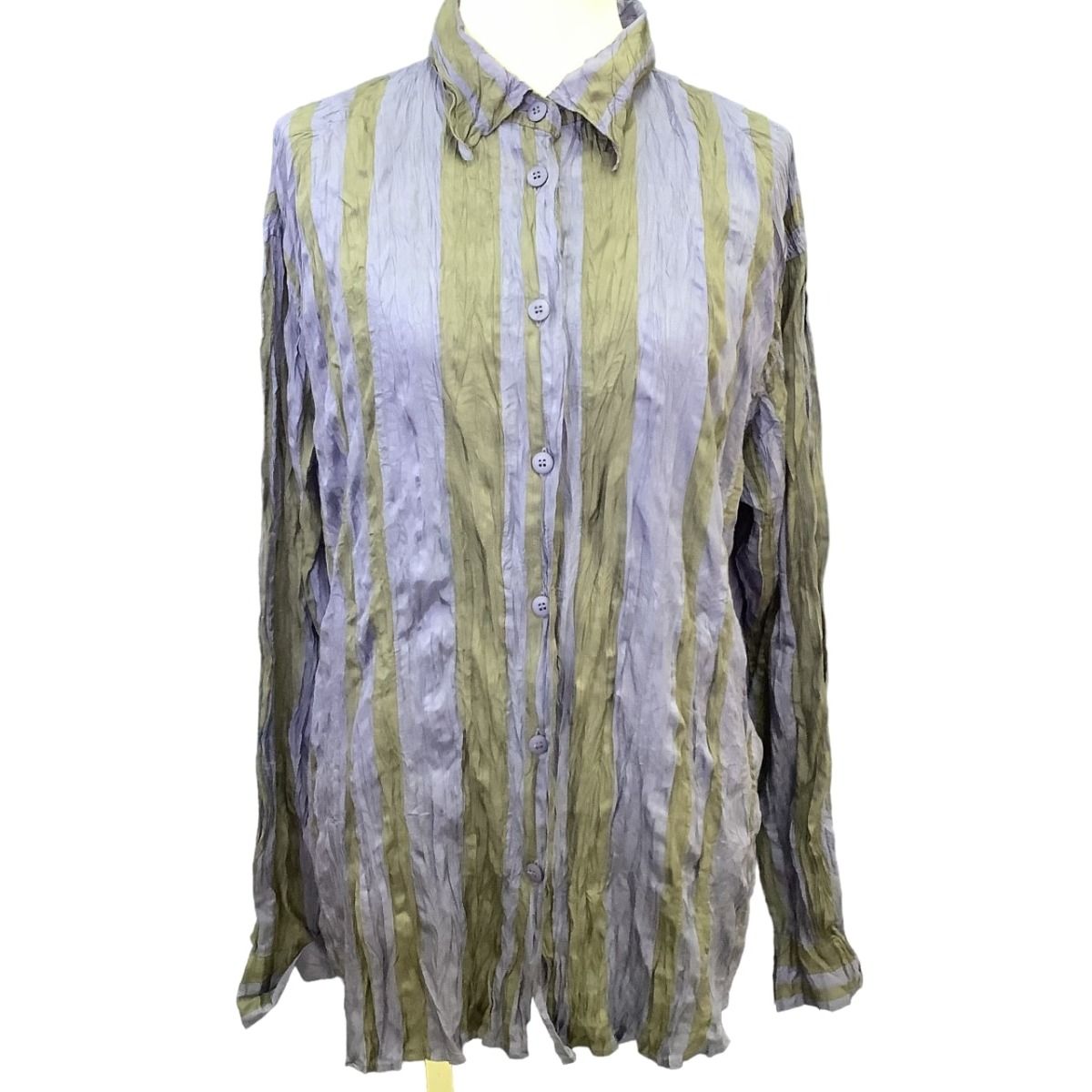 ISSEY MIYAKE レディース 長袖シャツ シワ加工 グレー系 サイズM ♪♪ISSEY MIYAKE イッセイミヤケ シワ加工 シャツ ストライプ