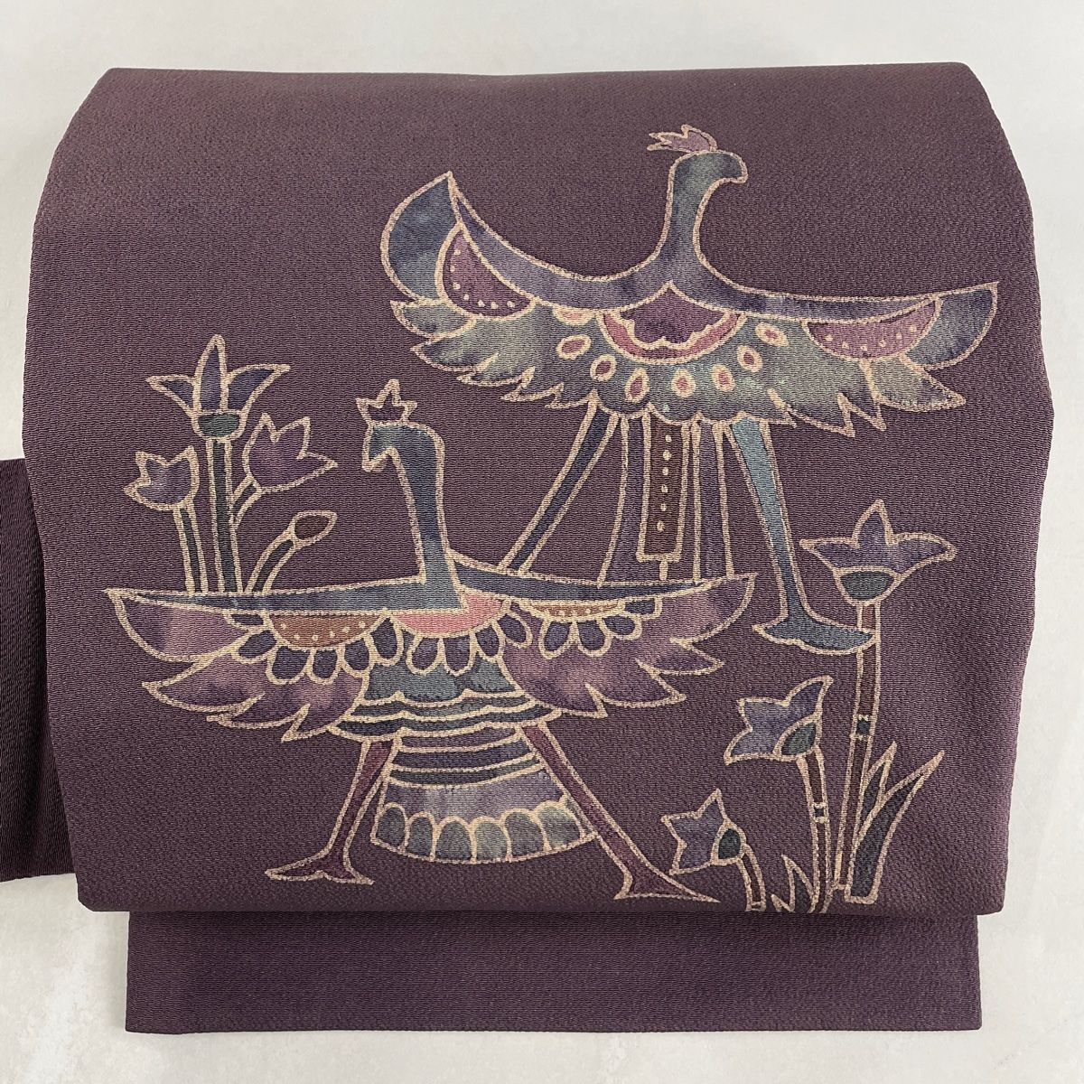 名古屋帯 美品 秀品 草花 刺繍 えんじ色 正絹 【中古】（名古屋