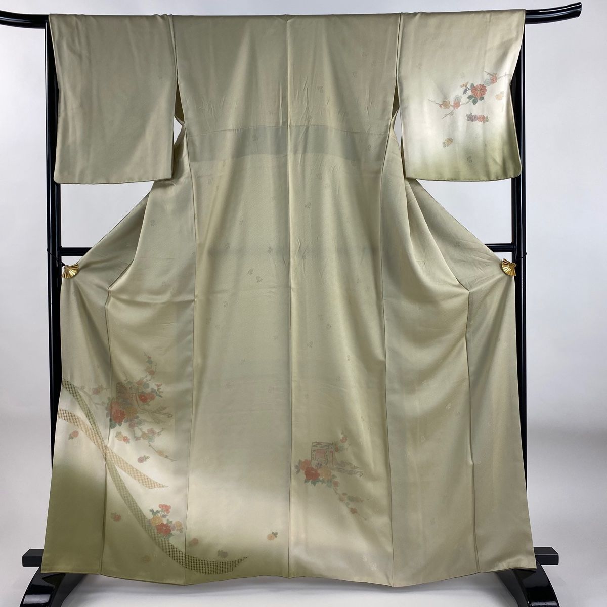 訪問着 身丈164.5cm 裄丈65cm M 袷 御所車 草花 刺繍 染め分け 灰緑 正絹 秀品