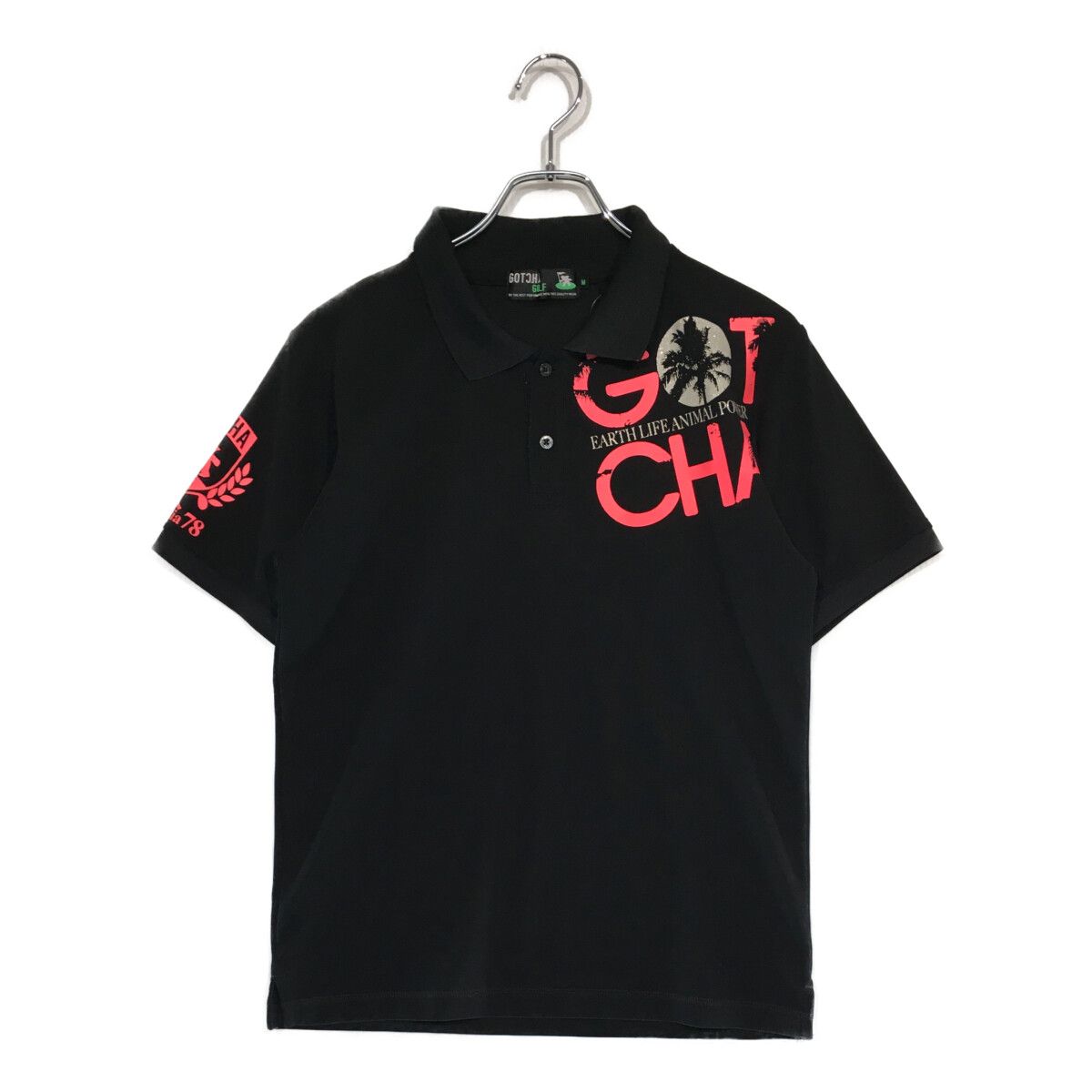  メンズ ガチャゴルフ GOTCHA GOLF 半袖ポロシャツ M 黒 ブラック ストレッチ ラメロゴ 襟裏プリント