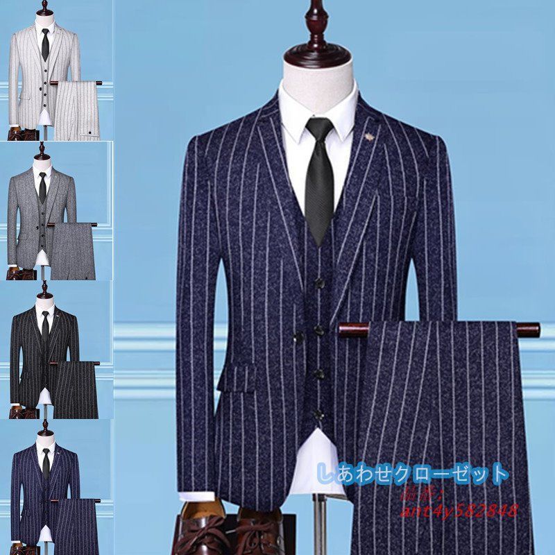 スーツ メンズ おしゃれ スーツセットアップ 3ピーススーツ ビジネススーツ ボーダー柄 洗える 結婚式 フォーマルスーツ 紳士服 カジュアルスーツ 通勤 スリム ant 4 y 582848