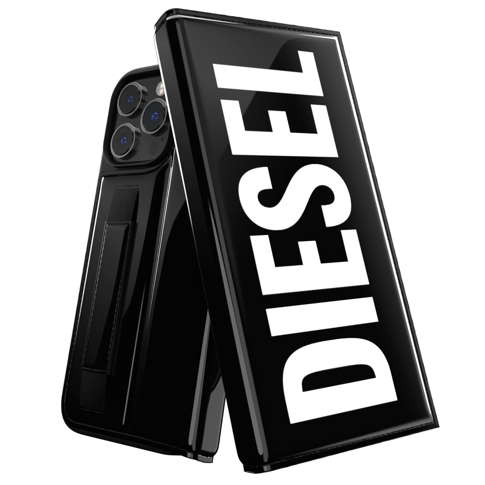 【数量限定】DIESEL iPhone14ProMaxケース 手帳型 スマホケース カードケース 落下防止ベルト バンド付き FW22（ディーゼル ブランド ロゴ iPhone 14 Pro Max 手帳型ケース ブラック）
