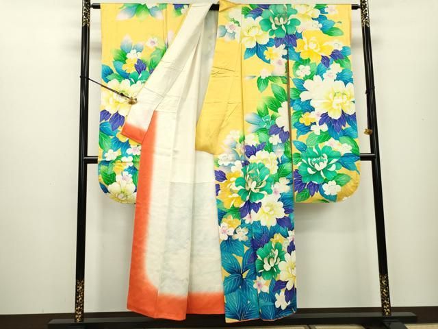 M957＋　D166 振袖　藤の花　御所車　金駒刺繍　正絹　着物　袷　極美品 春】21206o 振袖 金駒刺繍 ヱ霞 芝 蝶々 古典花 正絹 リサイクル