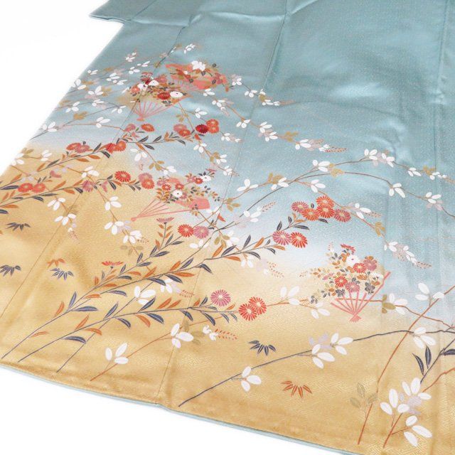 訪問着 着物 中古 正絹 袷 金駒刺繍 作家物 落款 花の図 扇子 地