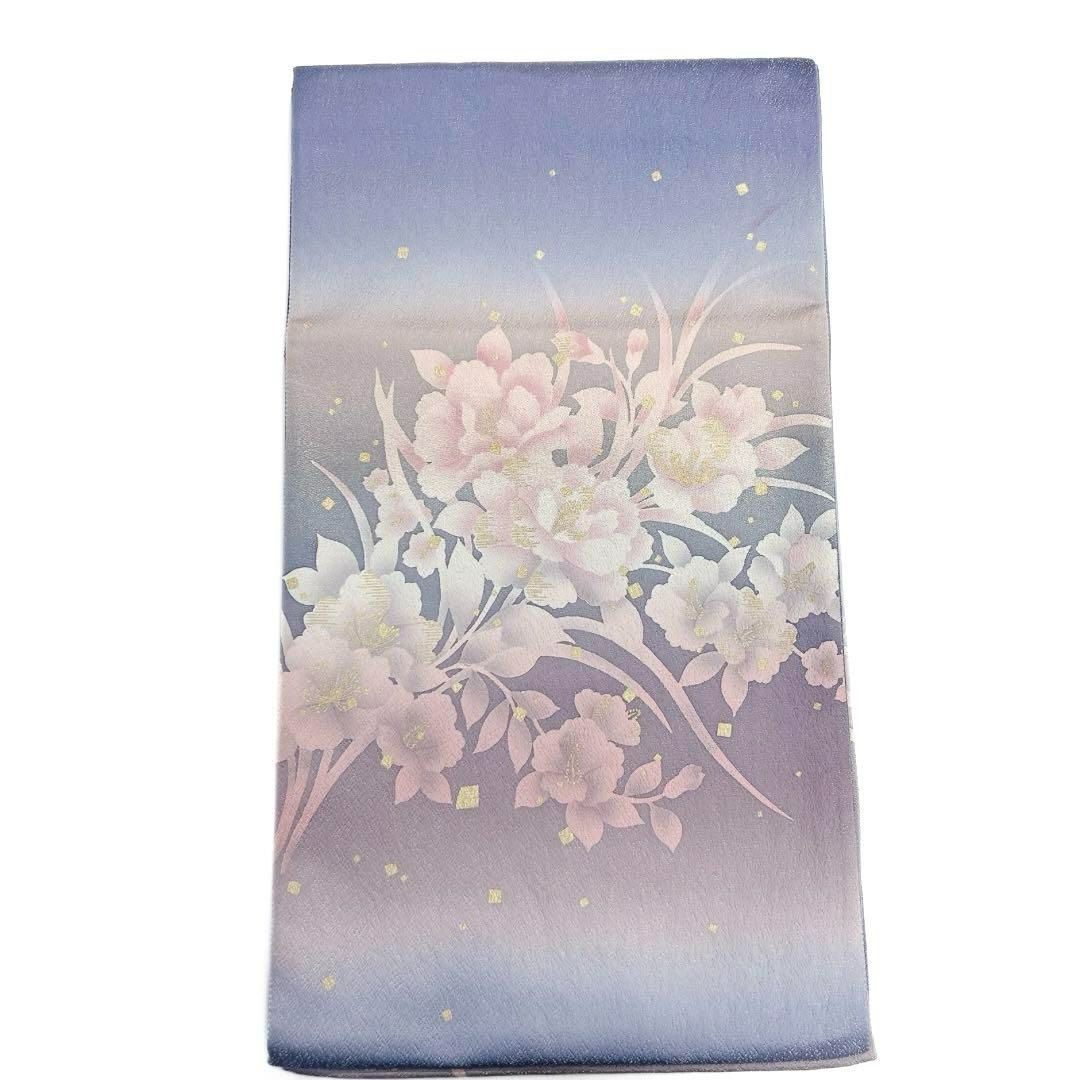 袋帯 牡丹 芙蓉 桜 銀通し 色紙散らし 金彩 パープル 着物 092w d