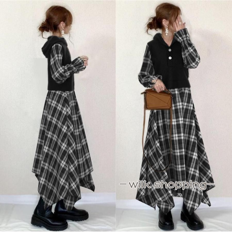 美品】DRIES VAN NOTEN ドッキング チェック ワンピース 切替 美品】DRIES VAN NOTEN ドッキング チェック ワンピース 切替