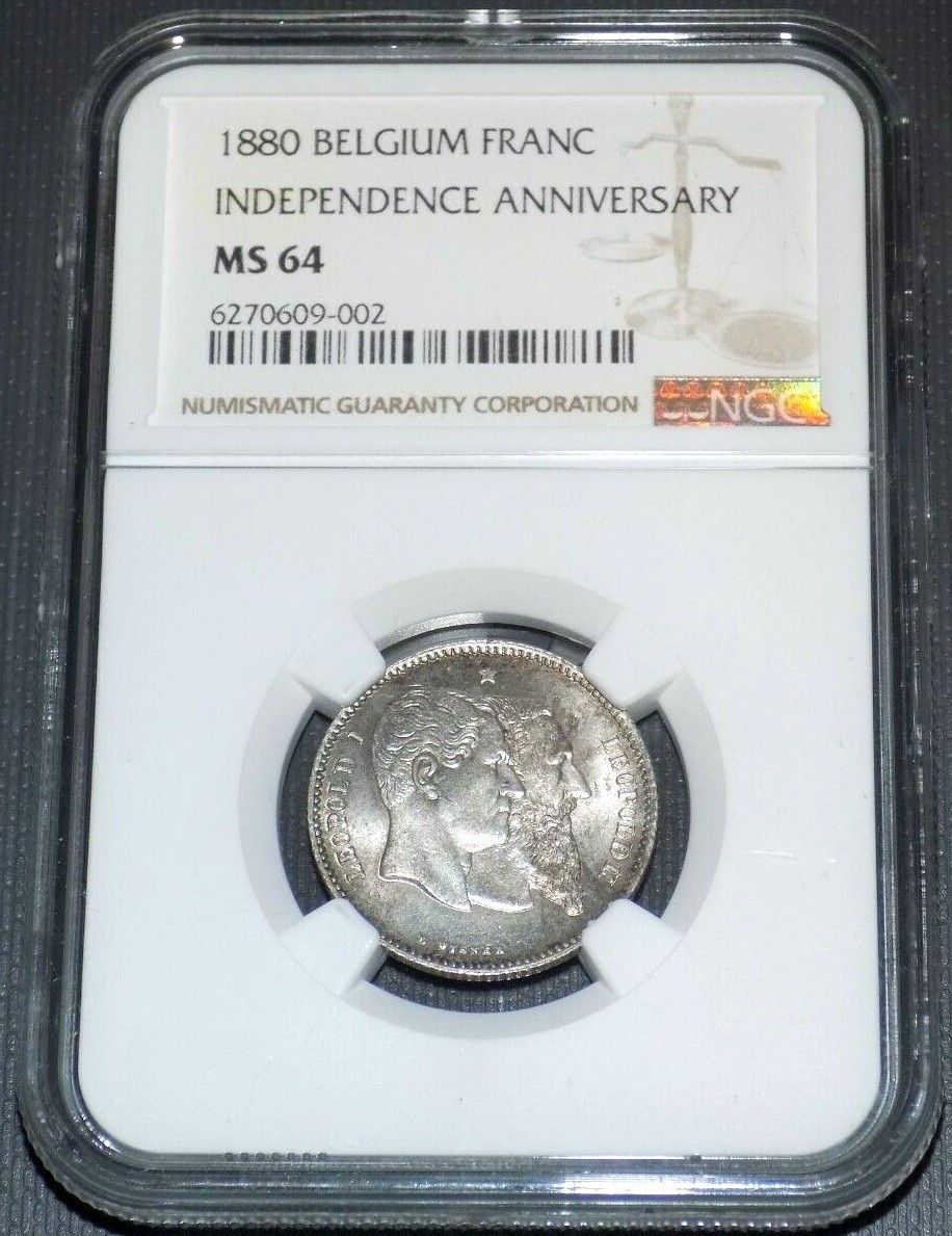 NGC 1880 BELGIUM FRANC INDEPENDENCE ANNIVERSARY MS 64 MS64 UNC Certified Coin