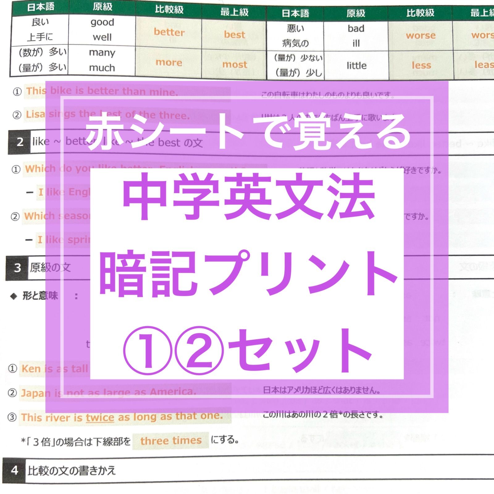 中学英語　英文法 暗記プリント①②セット　中1.2.3対象★定期テスト・受験対策