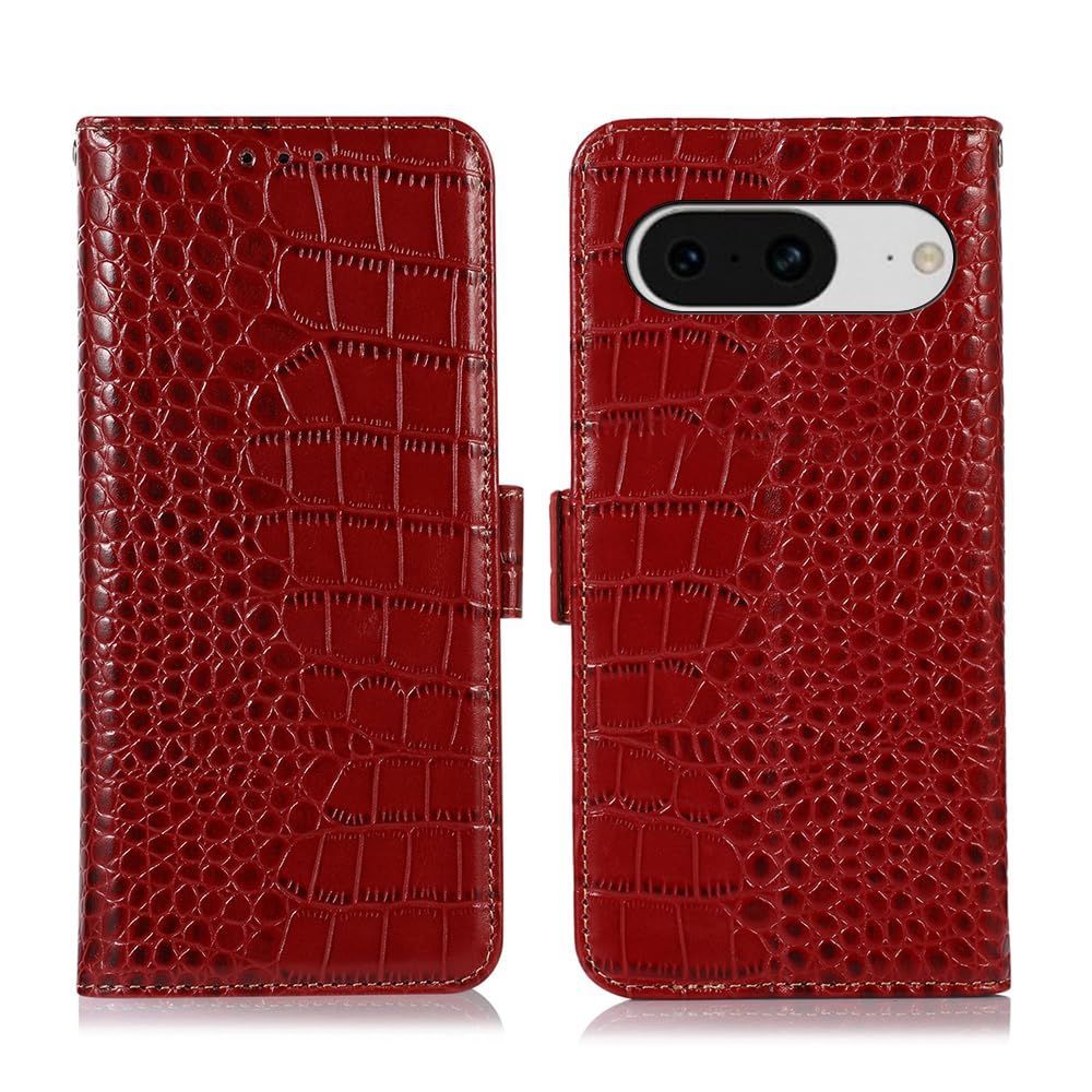 【新着商品】Eyu-8A-red Rureu レッド スマホケース 財布型携帯 便利 横置きスタンド機能 マグネット式ボタン カード収納 [RFIDブロッキング] 耐衝撃 クロコダイル柄 鰐柄 財布型 牛革 ピクセル8A 