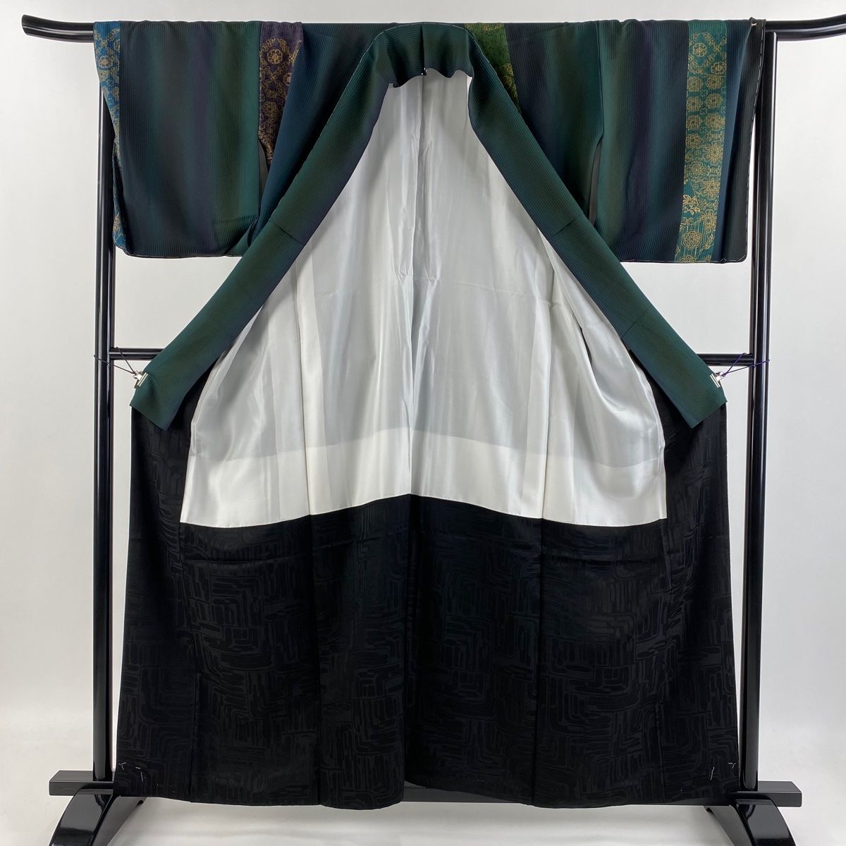 小紋 身丈158cm 裄丈68cm L 袷 前田仁仙 落款 連珠文 華文 金彩 深緑  