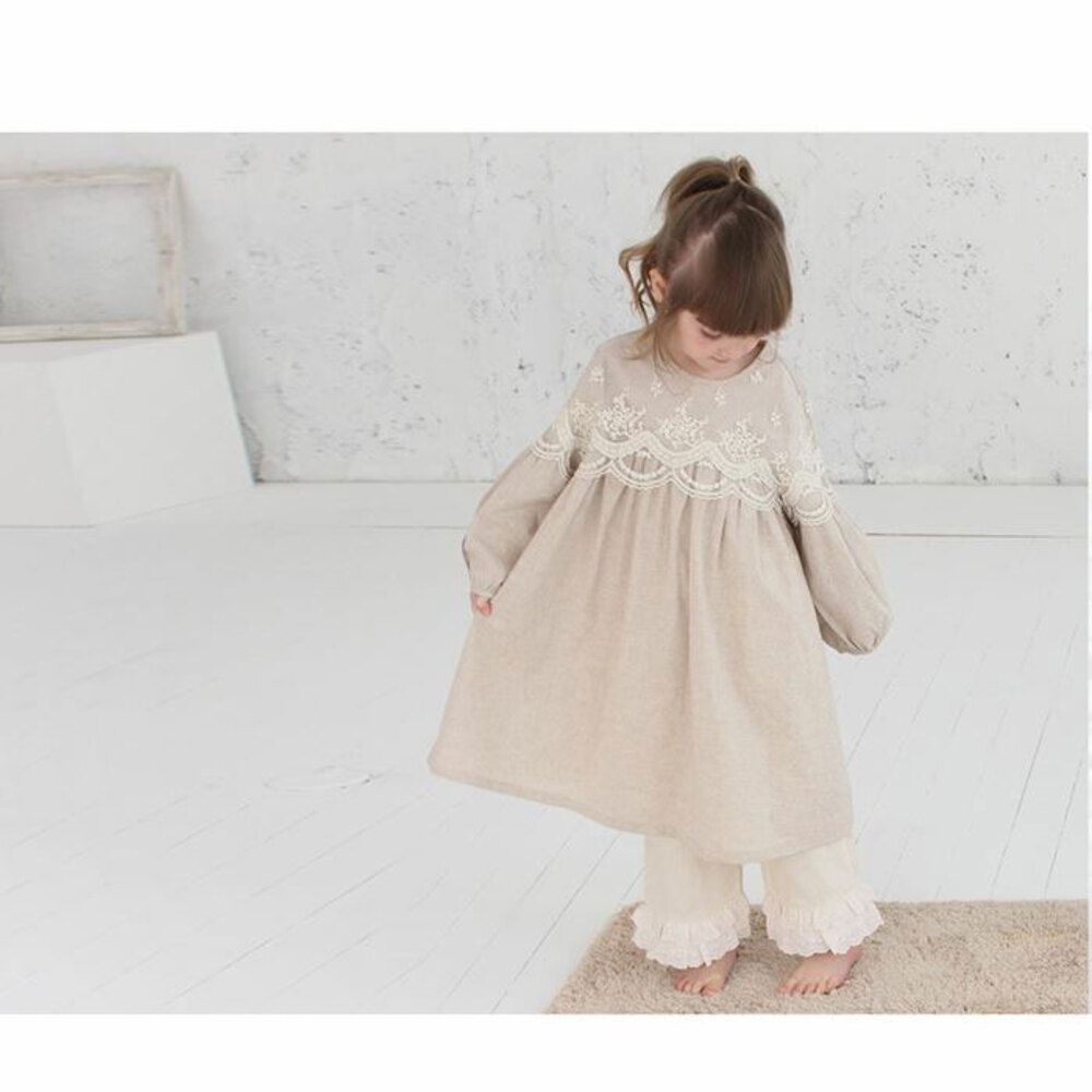 BEIGE S ドルミールパジャマドレス キッズ パジャマ 女の子 ジュニア ワンピース 10006252 パジャマドレス ナイトドレス ルームワンピース 長袖 レース フリル おしゃれ オシャレ かわいい ワンピ ルームウェア