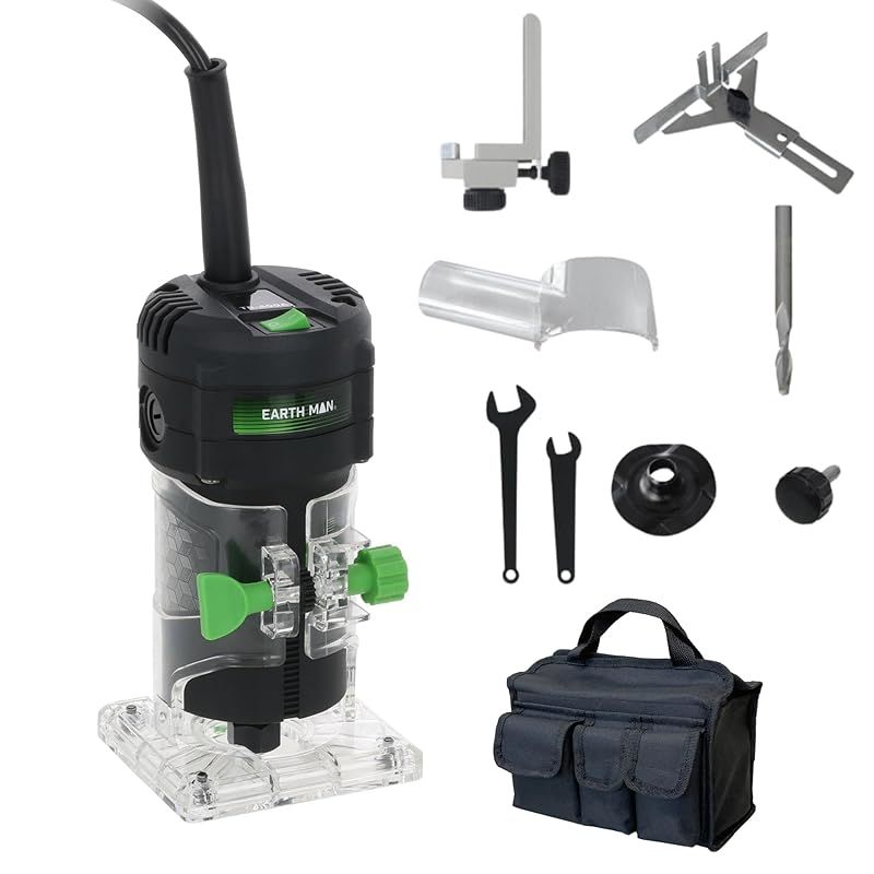 儀 Takagi EARTH MAN 電動トリマー 電動工具 コード式 ソフトスタート 深さ調整自在 ダイヤル式 バキュームアダプター付属 コンパクトボディ 木工 切削 溝切り 円加工 トリミング 文字加工 表札 看板 軸径6mm コード長2m 1