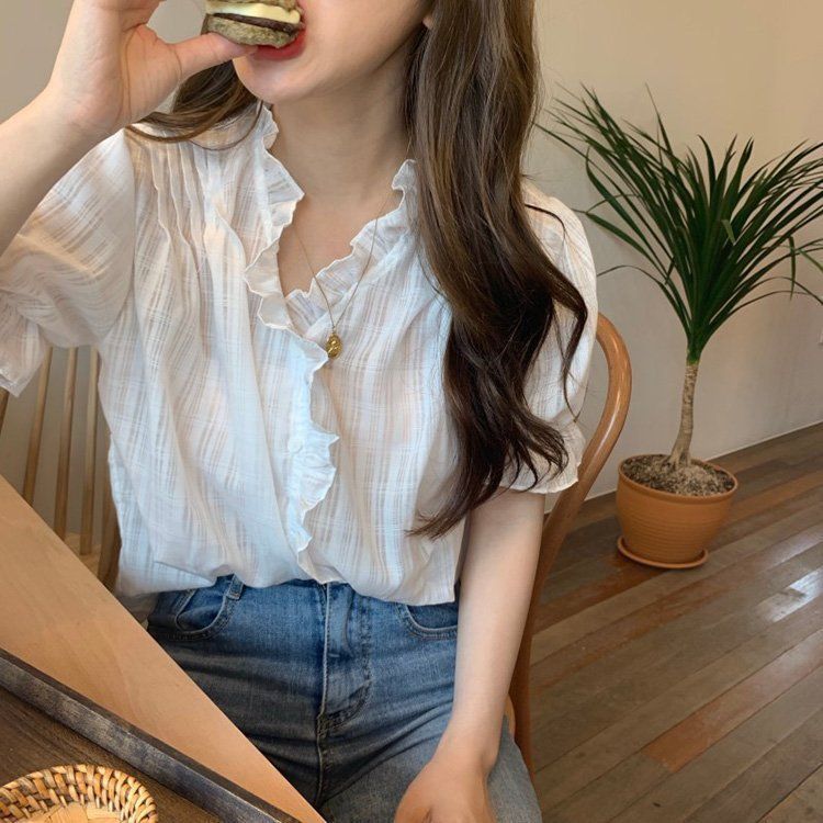 ブラウス レディース 40代 春夏 オシャレブラウス 白 韓国風 半袖トップス フレアVネック tシャツ パフスリーブトップス 薄手 ゆったり 体型カバー 通勤トップス ブラウス レディース 40代 春夏 オシャレブラウス 白 韓国風