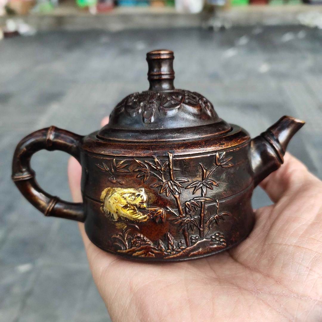 銅 細工 茶道具  浮彫り  福禄茶壺  提梁銅壺 水徳利 工芸品 美術品 置物 浮彫 竜紋茶壺 酒壺 銅壺 茶道 工芸品 美術品 置物 - メルカリ
