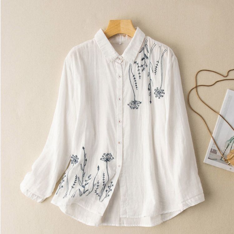 刺繍シャツ レディース 白シャツ 綿100％ 長袖 シャツ 送料無料