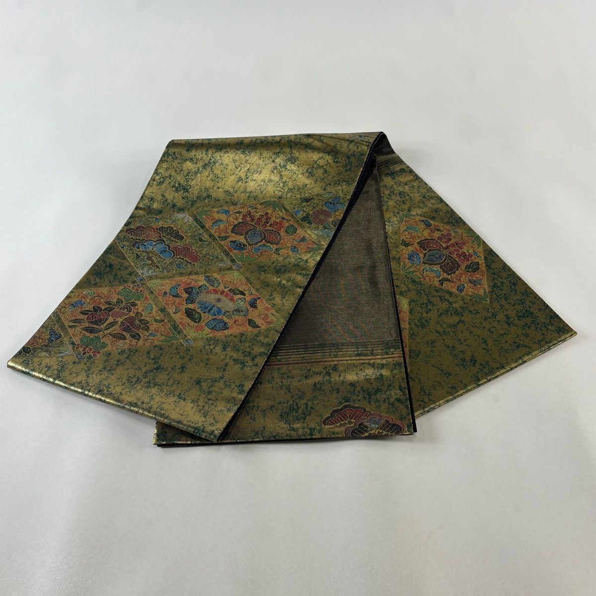 袋帯 美品 名品 笠松 菊唐草 螺鈿 箔 茶緑色 お太鼓柄 正絹