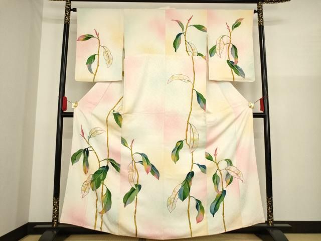 平和屋着物▽訪問着　単衣　手描き　枝葉文　暈し染め　正絹　逸品　AABC0241fy 平和屋着物□訪問着 枝葉文 暈し染め 正絹 逸品 AAAX8465ma