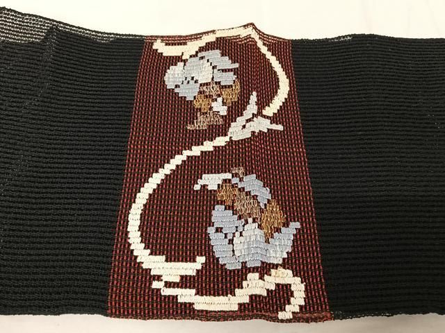 さ*ん様 夏物 夏名古屋帯 正絹 刺繍 素敵なデザイン 九寸 U-7834 平和屋着物＊夏物 八寸名古屋帯 刺繍 花唐草文 黒地 金銀糸 正絹