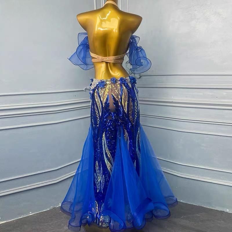 ベリーダンス オリエンタル衣装 刺繍 ブラ スカート オーダーメイド ステージ衣装 紺色