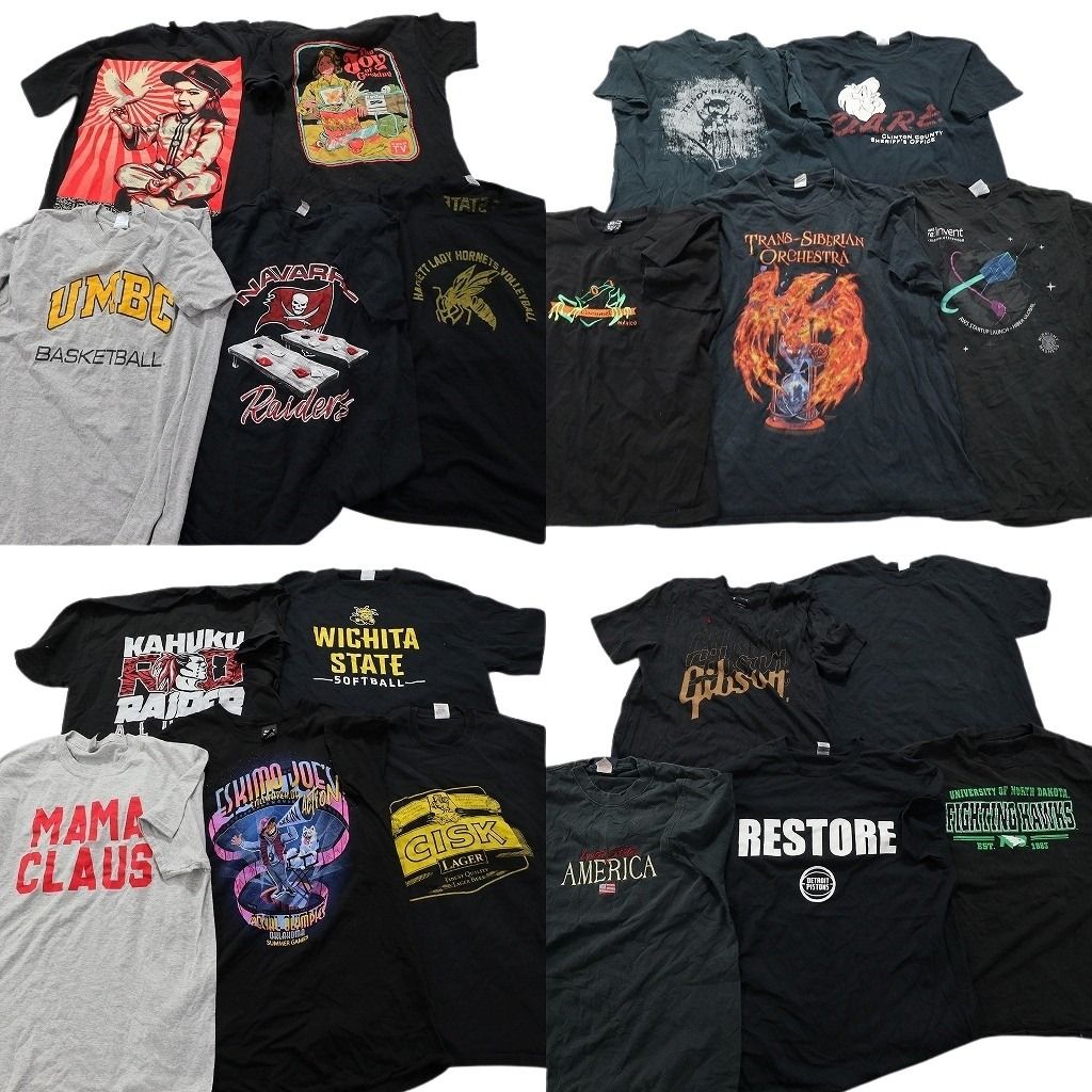 古着卸 まとめ売り 黒・グレー ボディ プリント 半袖Tシャツ 16枚