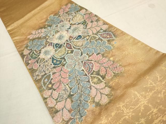 平和屋着物▽太鼓柄袋帯 ふくれ織 辻が花 金通し地 正絹 逸品