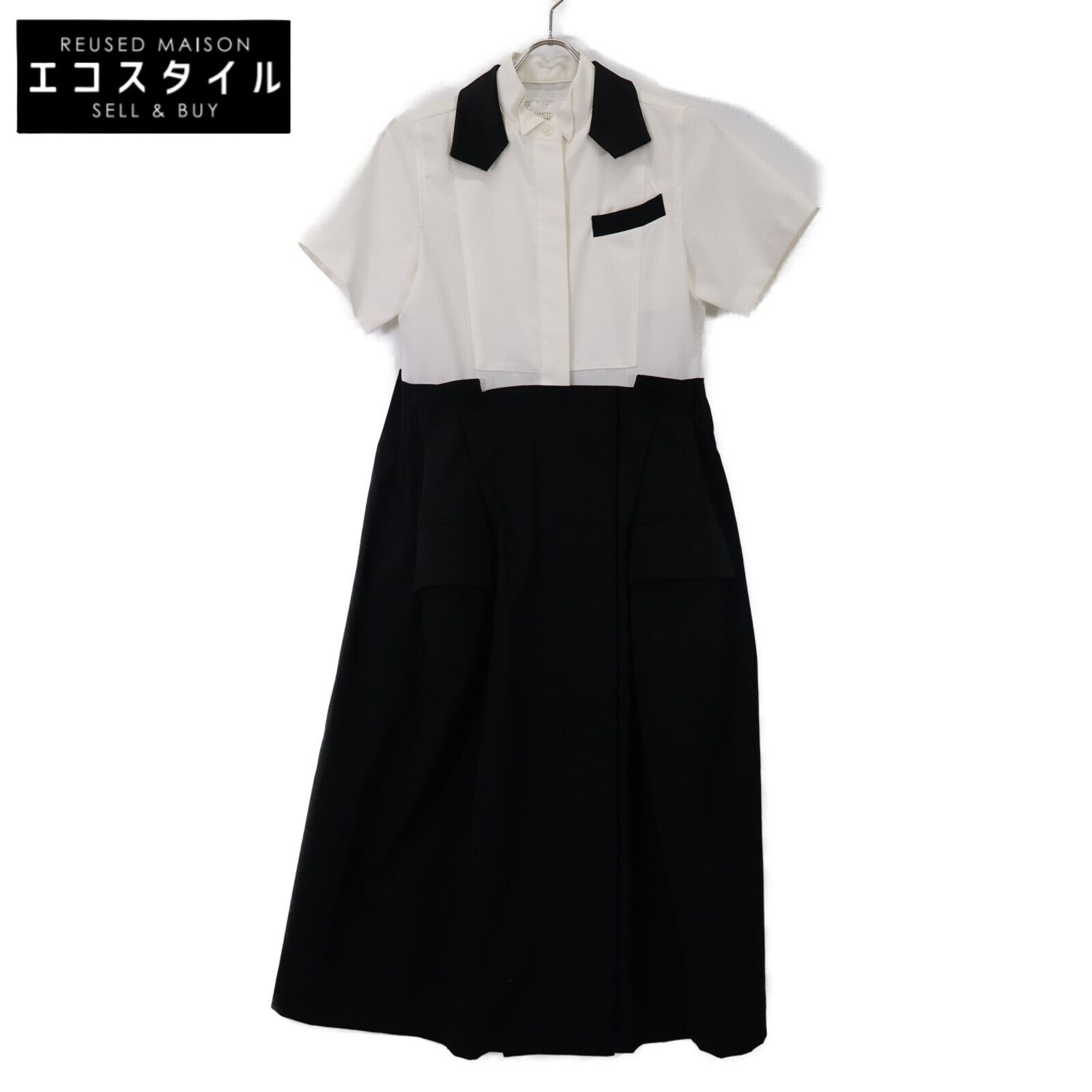 sacai サカイ 21-05523 21年製 ﾌﾞﾗｯｸ×ﾎﾜｲﾄ ﾄﾞｯｷﾝｸﾞ ｼｬﾂﾜﾝﾋﾟｰｽ 1