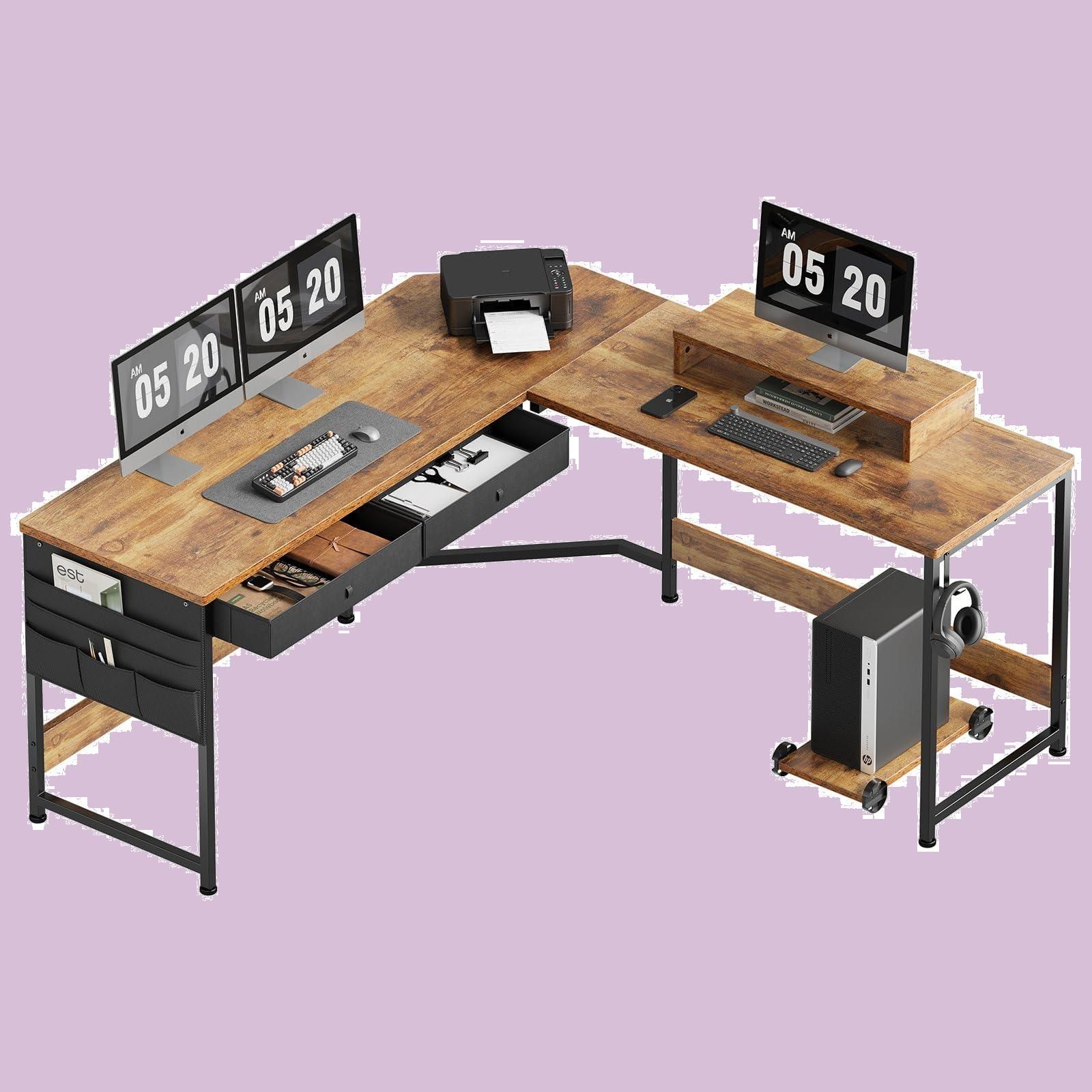 pcデスク サイド収納袋付き ワークデスク ゲーミングデスク コーナーデスク つくえ オフィスデスク パソコンデスク テレワーク 125cm デスク 125cm 勉強机 x 在宅勤務 机 学習机 l字デスク ライトオーク YeTom