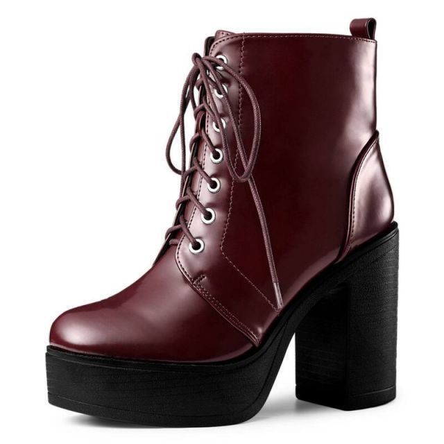 【送料無料】 アレグラ ケー レディース ブーツ・レインブーツ シューズ Women's Platform Chunky High Heel Lace Up Combat Boots Burgundy