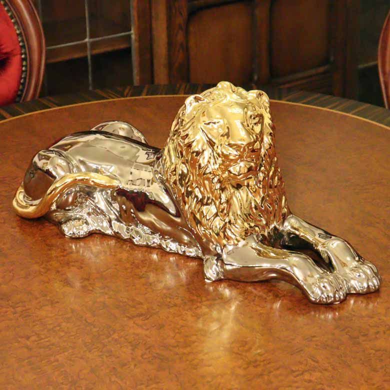 ライオン 陶器 置物 獅子 動物 イタリア製 革製ライオン置物、レザー 