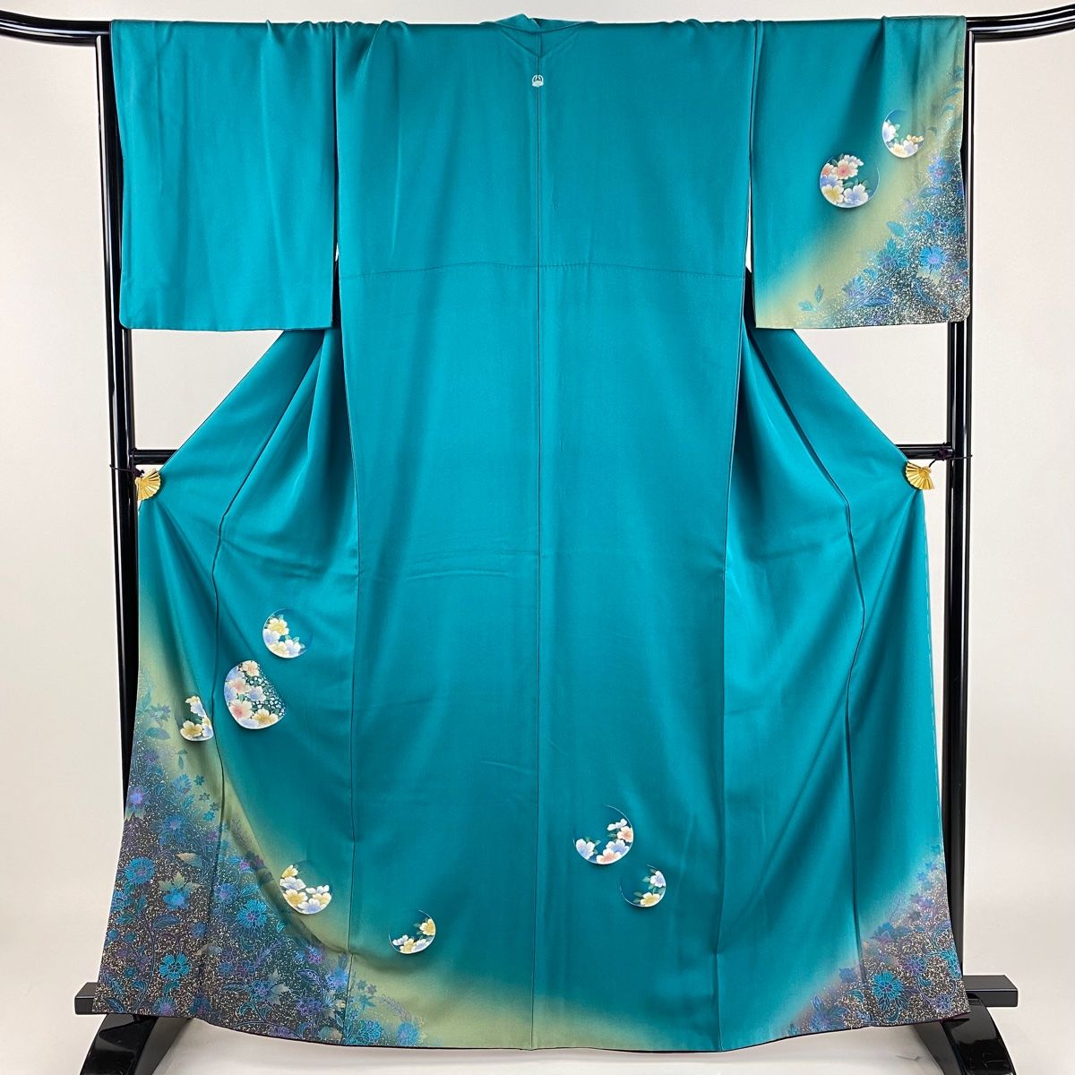 美品 小紋 付け下げ くすみブルー ネイビー 草花 身丈159.0cm 正絹 小紋 身丈154.5cm 裄丈62cm S 袷 落款 鳥 花唐草 縮緬 藍色 正絹