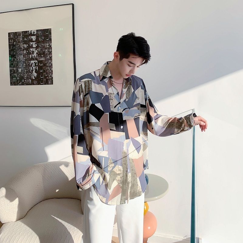 長袖シャツ 総柄 サテン ドレープ レトロ ルーズ m1302