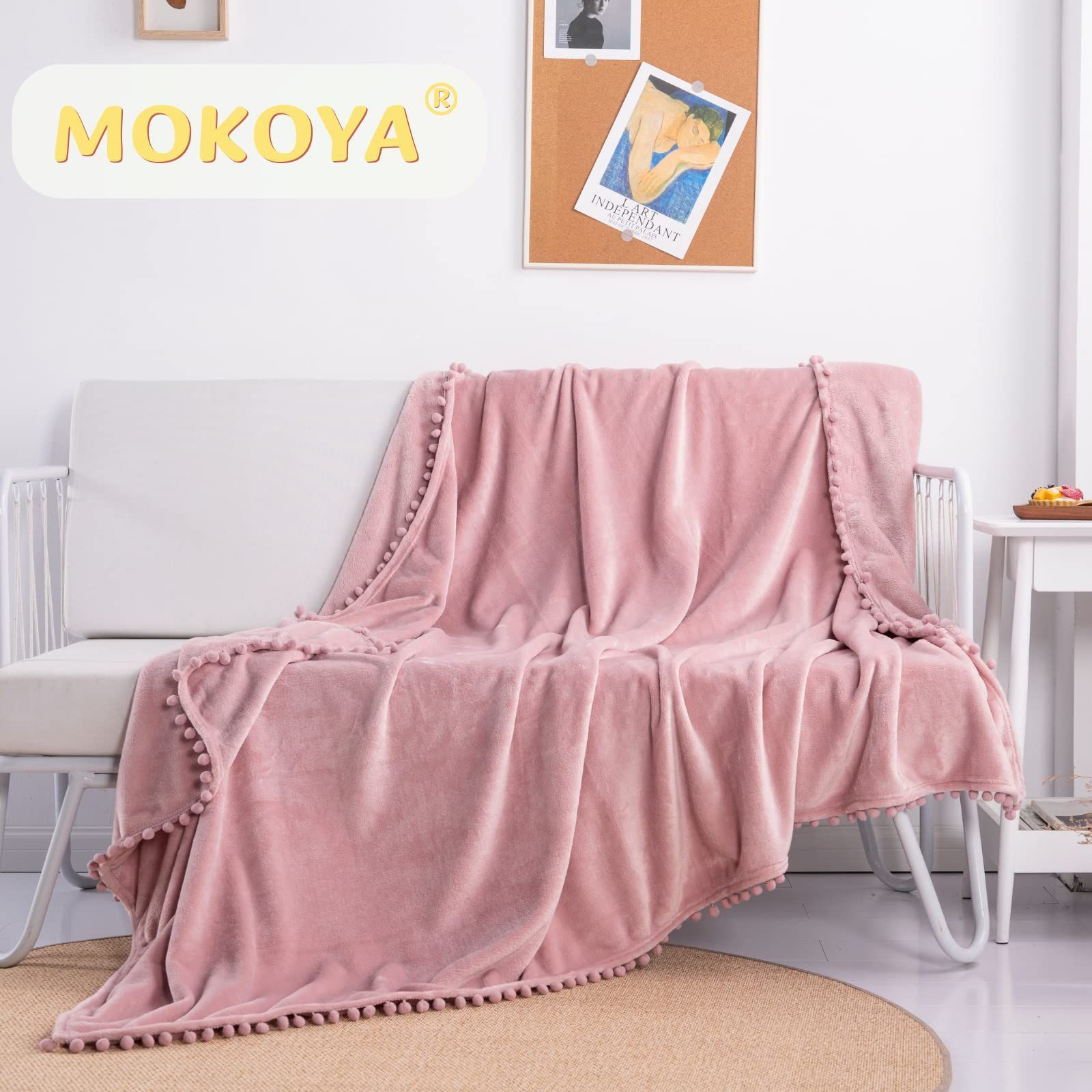 【数量限定】大判 肩掛け 多用途 軽量 ふわふわ柔らかい おしゃれポンポン付き 洗える 夏用 冷房対策 膝掛け 130x160cm 通年使用 ブランケット 毛布 (ピンク) Mokoya Mokoya 毛布 シングル 可愛い ブランケット 130x160cm 膝掛け 大判