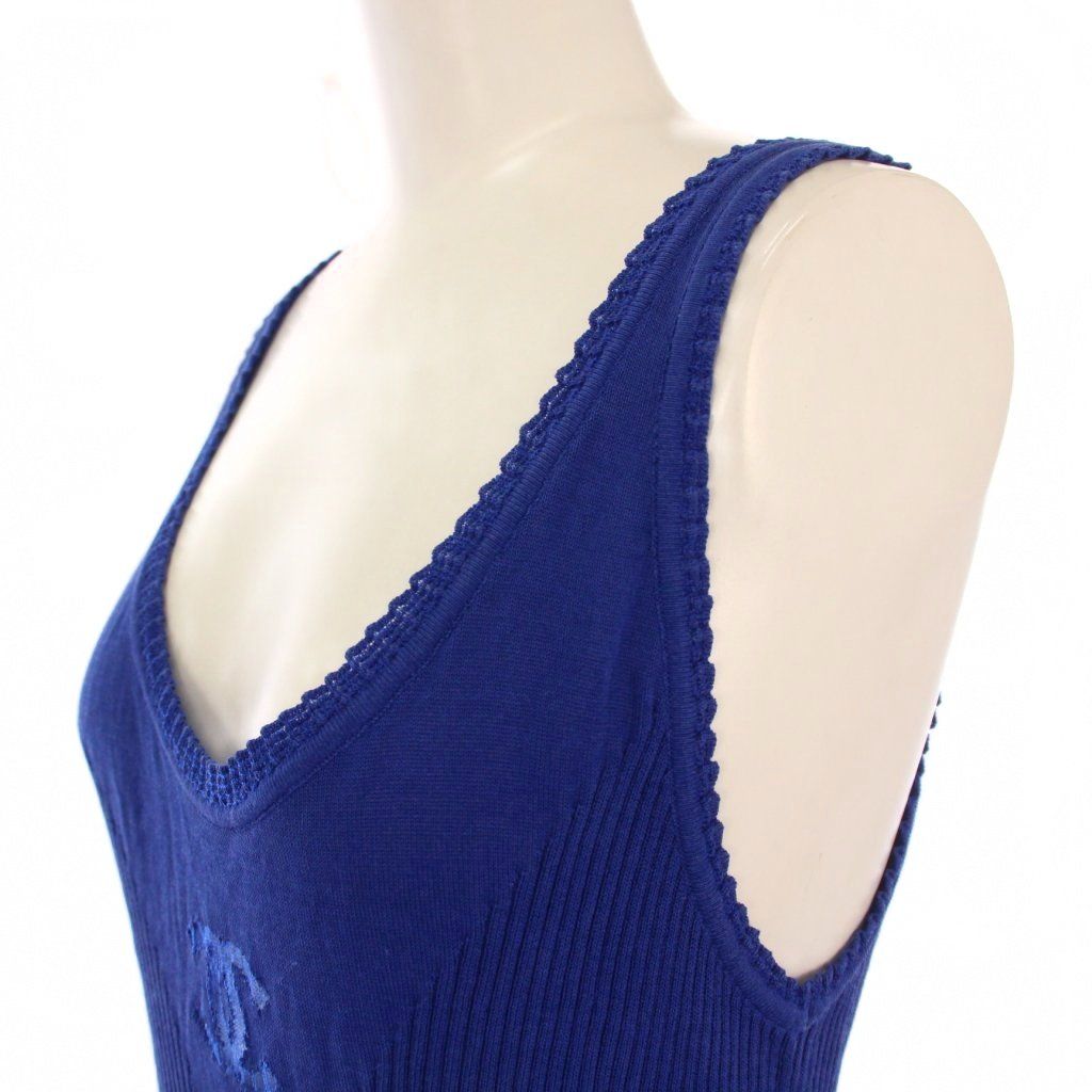 シャネル CHANEL タンクトップ Uネック リブ ストレッチ ココマーク ロゴ シルク混 38 青 ブルー |BB WWW_SUPERTOOLSSHOP_NL